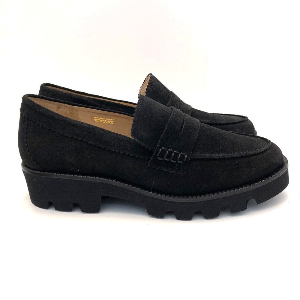 Patricia Green Vince Lug Sole Penny Loafer Black Suede Leather Womens 7 Chunky